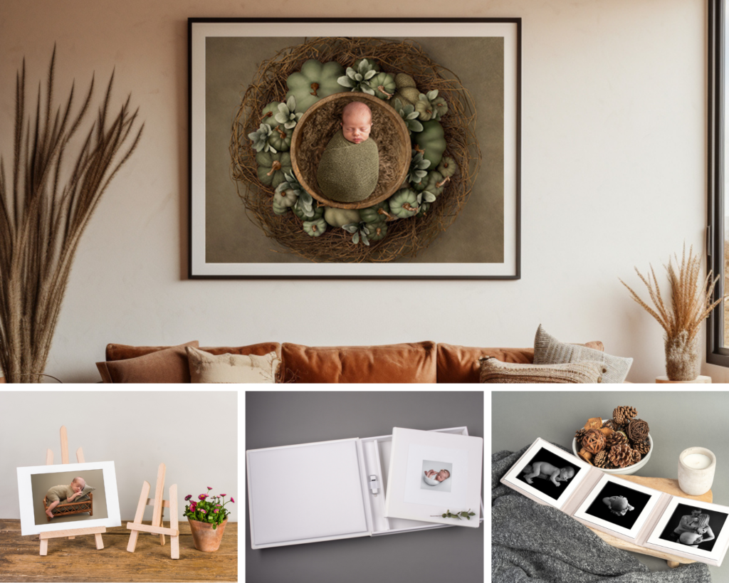 Wallart en andere fotoproducten met daarop een foto van een baby gemaakt tijdens newborn fotografie bij Little Miracle memories