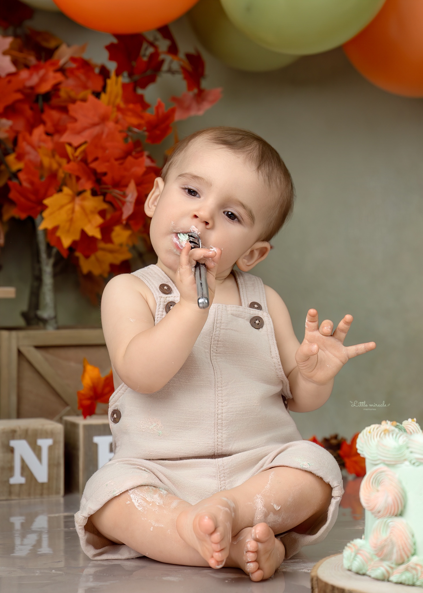 Baby van bijna één jaar in een herfstbos-cakesmash setting met vos, bladeren en ballonnenboog in de studio in Zandhoven