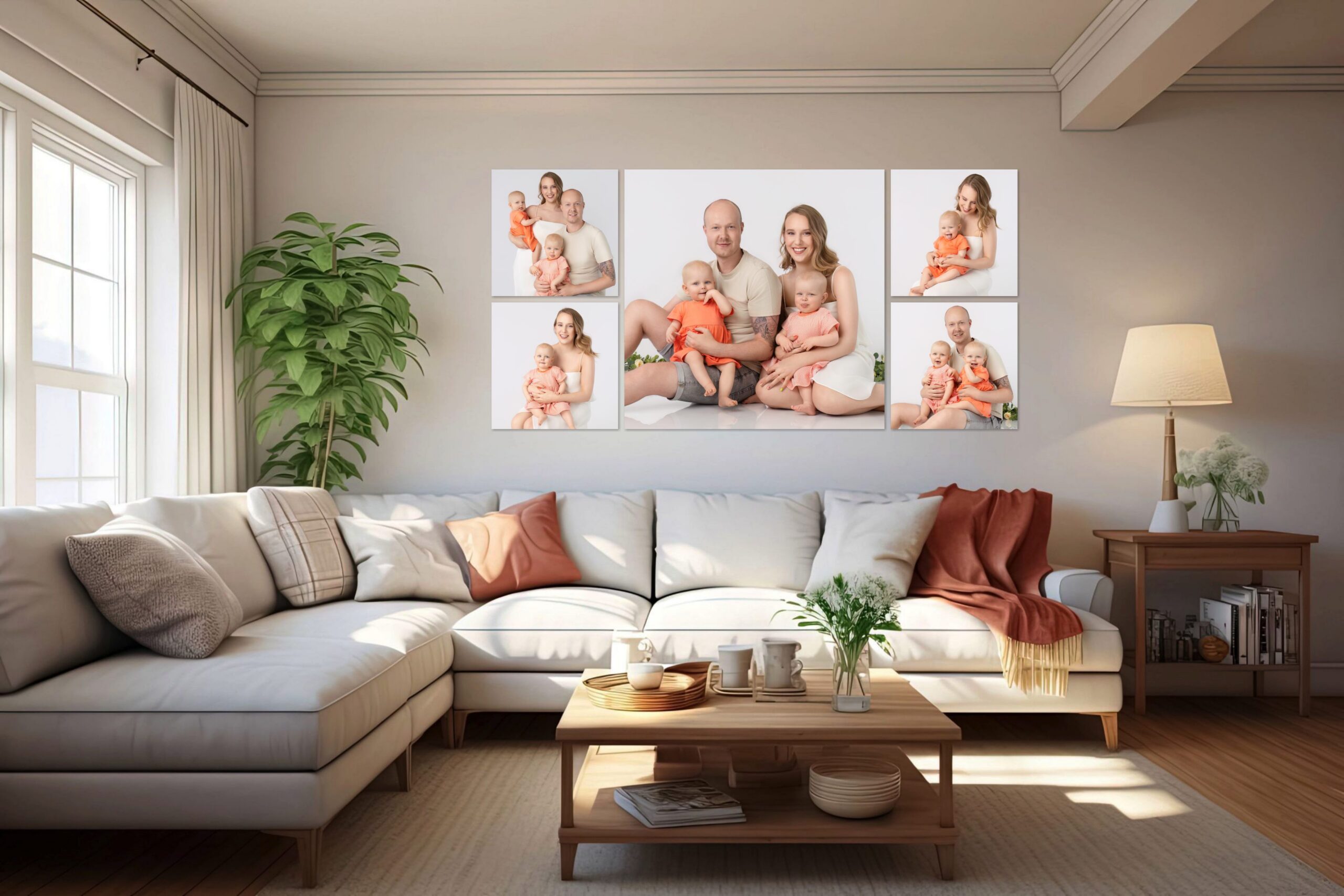 Wall Art met gezinsportretten van een tweeling en hun ouders in de woonkamer na hun eerste verjaardag fotografie-ervaring.